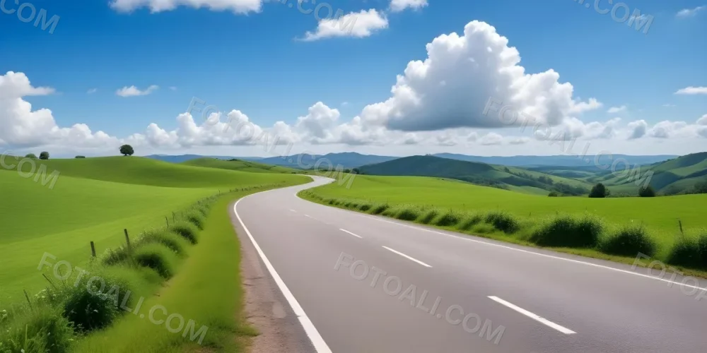 A Long Winding Road Through A Lush Green Countryside With Rolling Hills And Fluffy White Clouds In A Bright Blue Sky 2 Eb28