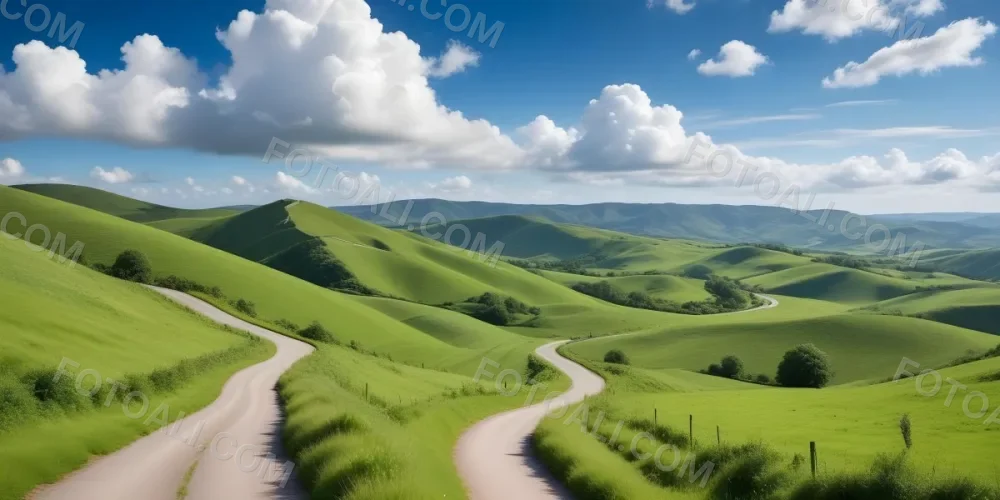 A Long Winding Road Through A Lush Green Countryside With Rolling Hills And Fluffy White Clouds In A Bright Blue Sky 4 A71b