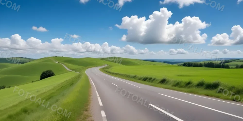 A Long Winding Road Through A Lush Green Countryside With Rolling Hills And Fluffy White Clouds In A Bright Blue Sky 6 D491