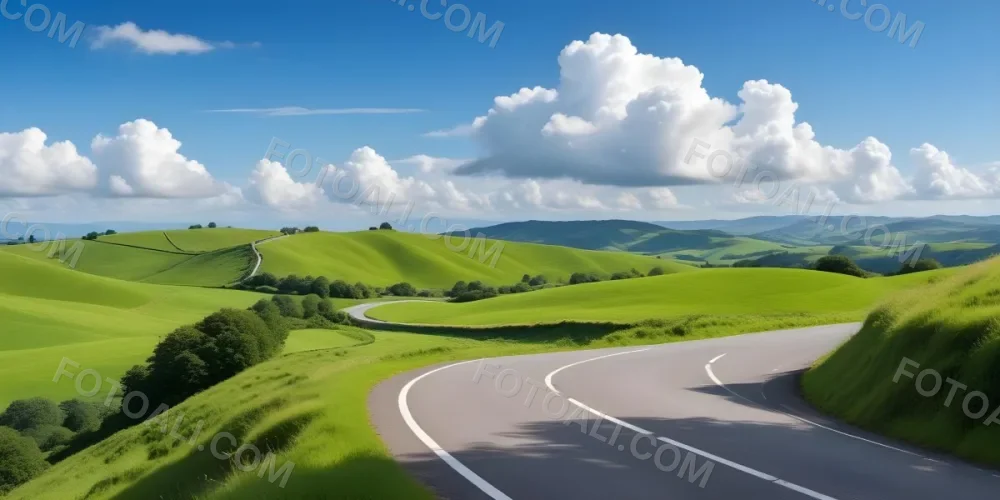 A Long Winding Road Through A Lush Green Countryside With Rolling Hills And Fluffy White Clouds In A Bright Blue Sky 7 507f