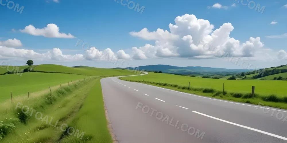 A Long Winding Road Through A Lush Green Countryside With Rolling Hills And Fluffy White Clouds In A Bright Blue Sky 8 2e7b