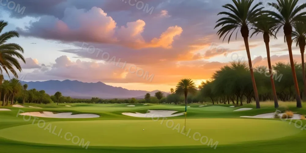 A Lush Green Golf Course With Palm Trees And A Cloudy Sky At Sunset Surrounded By Desert Landscape With Bright Orange Hues In The Sky Featuring Tall Grass In The Foreground 10 8d6a