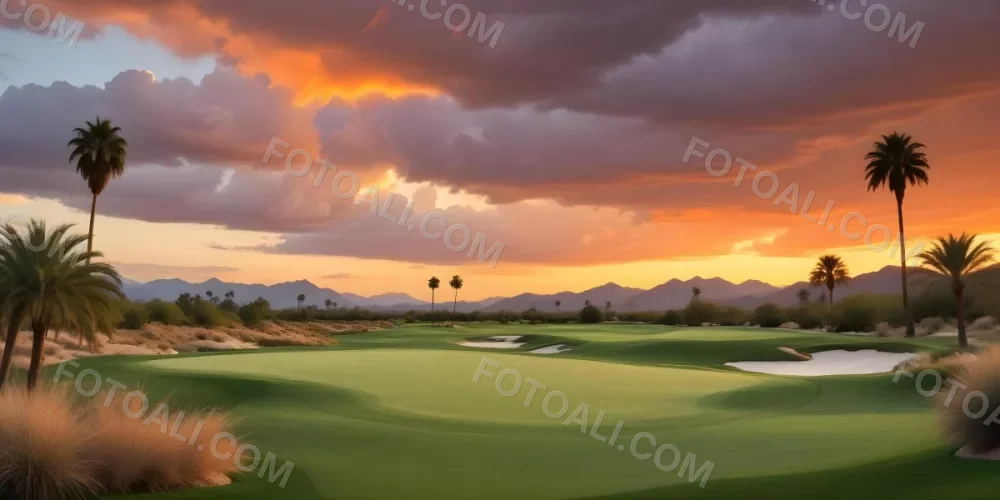 A Lush Green Golf Course With Palm Trees And A Cloudy Sky At Sunset Surrounded By Desert Landscape With Bright Orange Hues In The Sky Featuring Tall Grass In The Foreground 11 135d