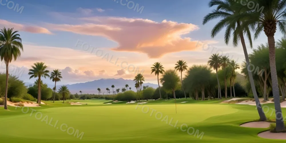 A Lush Green Golf Course With Palm Trees And A Cloudy Sky At Sunset Surrounded By Desert Landscape With Bright Orange Hues In The Sky Featuring Tall Grass In The Foreground 14 0fe5