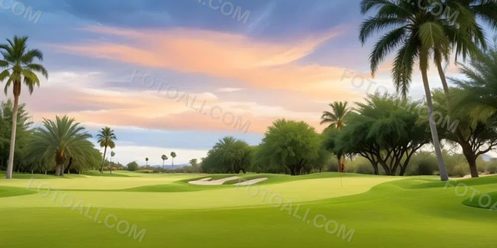 A Lush Green Golf Course With Palm Trees And A Cloudy Sky At Sunset Surrounded By Desert Landscape With Bright Orange Hues In The Sky Featuring Tall Grass In The Foreground 16 4ad3
