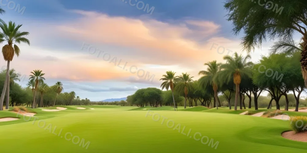 A Lush Green Golf Course With Palm Trees And A Cloudy Sky At Sunset Surrounded By Desert Landscape With Bright Orange Hues In The Sky Featuring Tall Grass In The Foreground 17 B8a9