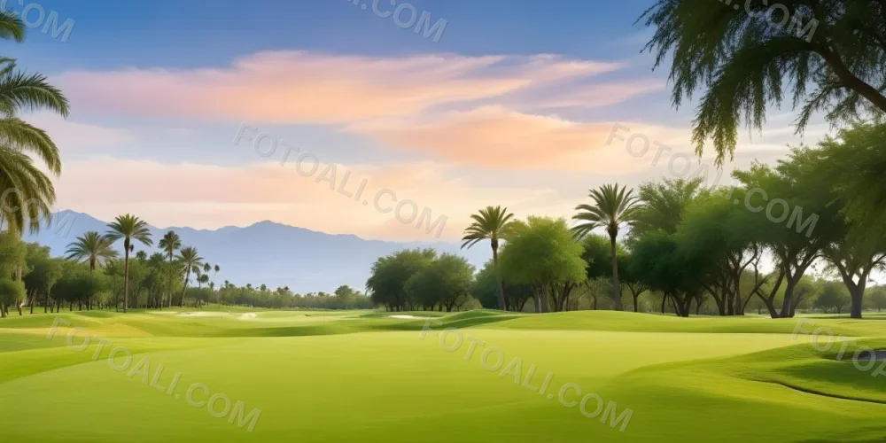 A Lush Green Golf Course With Palm Trees And A Cloudy Sky At Sunset Surrounded By Desert Landscape With Bright Orange Hues In The Sky Featuring Tall Grass In The Foreground 18 Cfb2