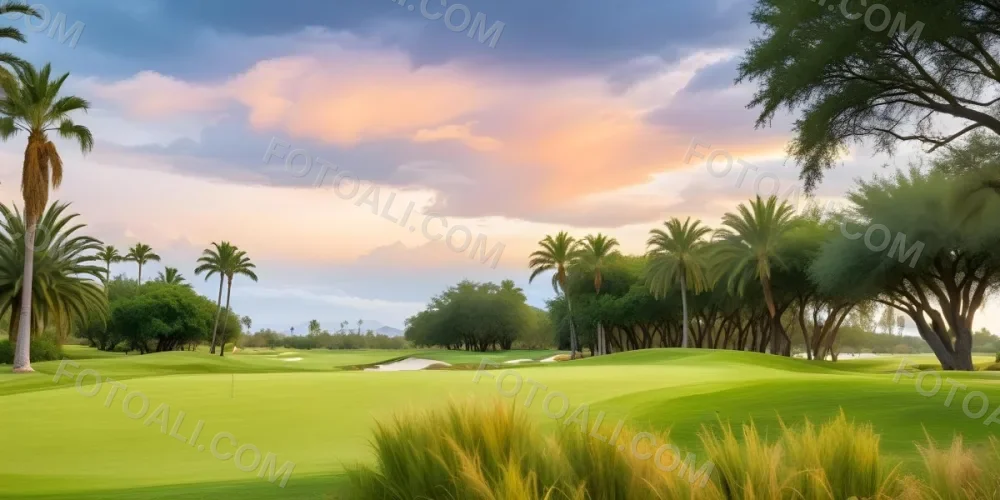A Lush Green Golf Course With Palm Trees And A Cloudy Sky At Sunset Surrounded By Desert Landscape With Bright Orange Hues In The Sky Featuring Tall Grass In The Foreground 20 0747