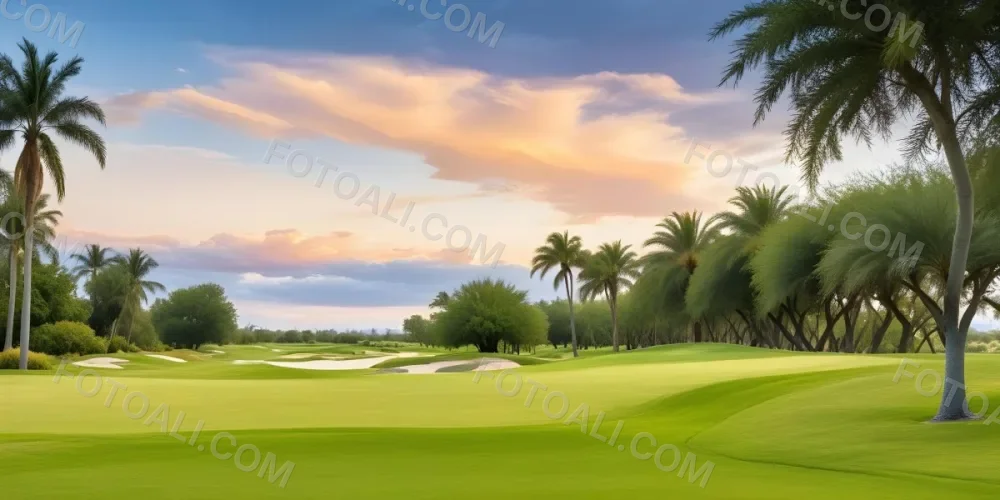 A Lush Green Golf Course With Palm Trees And A Cloudy Sky At Sunset Surrounded By Desert Landscape With Bright Orange Hues In The Sky Featuring Tall Grass In The Foreground 22 22e6