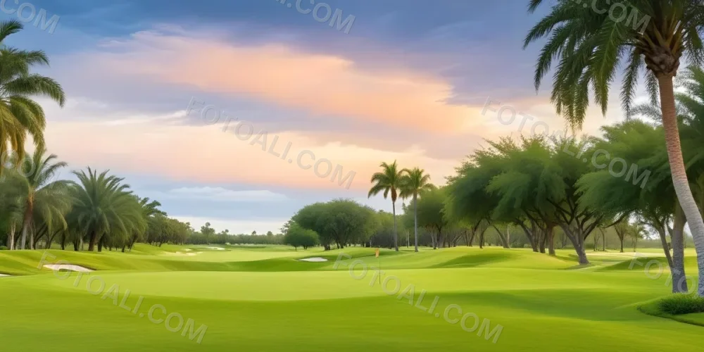 A Lush Green Golf Course With Palm Trees And A Cloudy Sky At Sunset Surrounded By Desert Landscape With Bright Orange Hues In The Sky Featuring Tall Grass In The Foreground 23 2f87