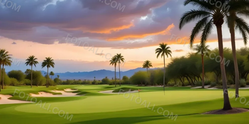 A Lush Green Golf Course With Palm Trees And A Cloudy Sky At Sunset Surrounded By Desert Landscape With Bright Orange Hues In The Sky Featuring Tall Grass In The Foreground 24 E32a
