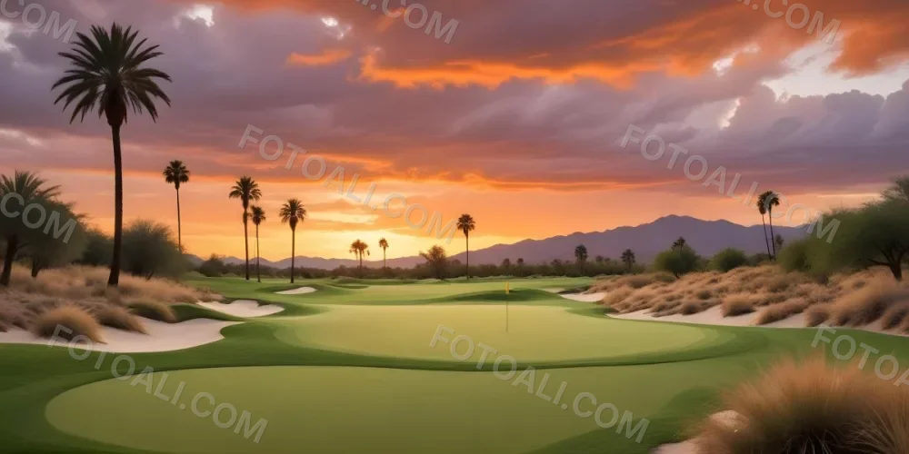 A Lush Green Golf Course With Palm Trees And A Cloudy Sky At Sunset Surrounded By Desert Landscape With Bright Orange Hues In The Sky Featuring Tall Grass In The Foreground 4 8604