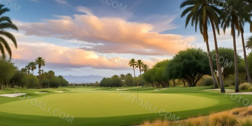 A Lush Green Golf Course With Palm Trees And A Cloudy Sky At Sunset Surrounded By Desert Landscape With Bright Orange Hues In The Sky Featuring Tall Grass In The Foreground 5 C213