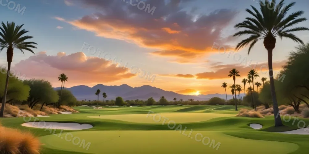 A Lush Green Golf Course With Palm Trees And A Cloudy Sky At Sunset Surrounded By Desert Landscape With Bright Orange Hues In The Sky Featuring Tall Grass In The Foreground 6 Ddf5