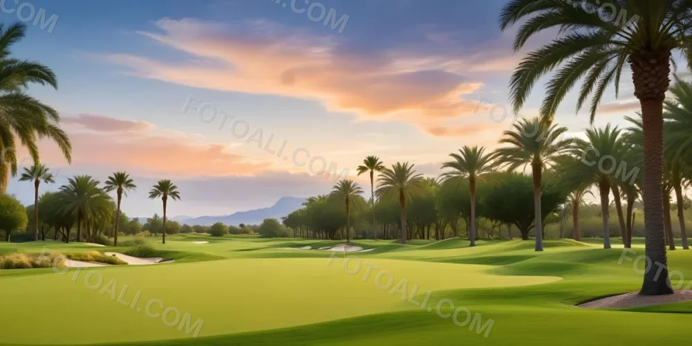 A Lush Green Golf Course With Palm Trees And A Cloudy Sky At Sunset Surrounded By Desert Landscape With Bright Orange Hues In The Sky Featuring Tall Grass In The Foreground 7 2d1c