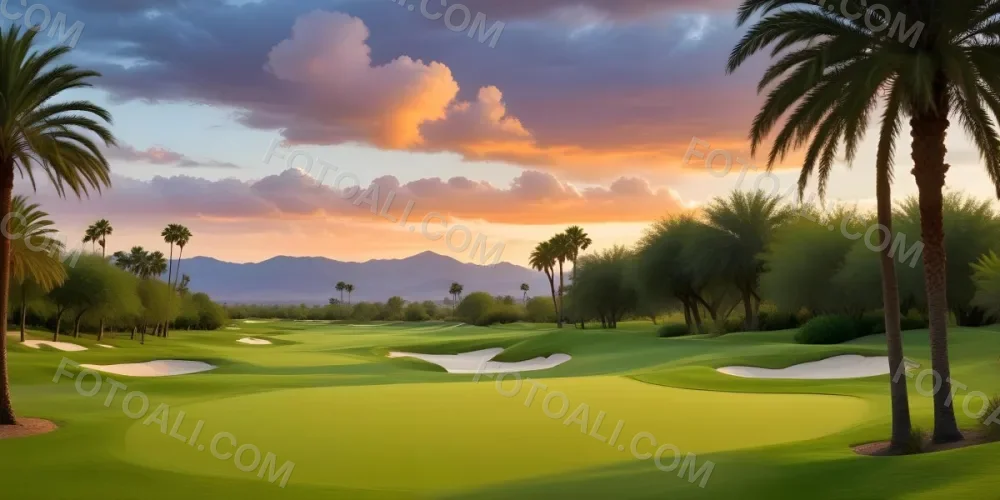 A Lush Green Golf Course With Palm Trees And A Cloudy Sky At Sunset Surrounded By Desert Landscape With Bright Orange Hues In The Sky Featuring Tall Grass In The Foreground 8 30a8