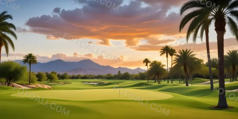 A Lush Green Golf Course With Palm Trees And A Cloudy Sky At Sunset Surrounded By Desert Landscape With Bright Orange Hues In The Sky Featuring Tall Grass In The Foreground 9 F8b8