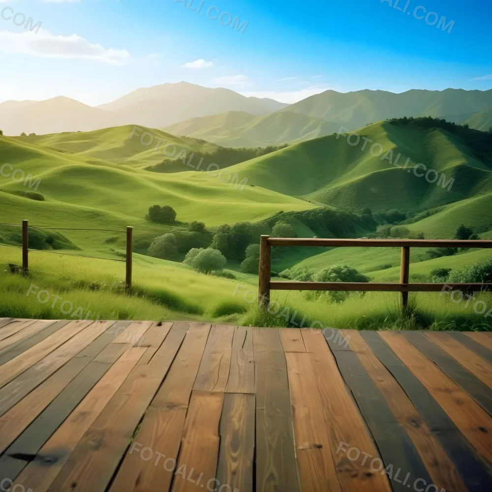 A Lush Green Landscape With Rolling Hills And Mountains In The Background With A Wooden Deck In The Foreground 22 A491