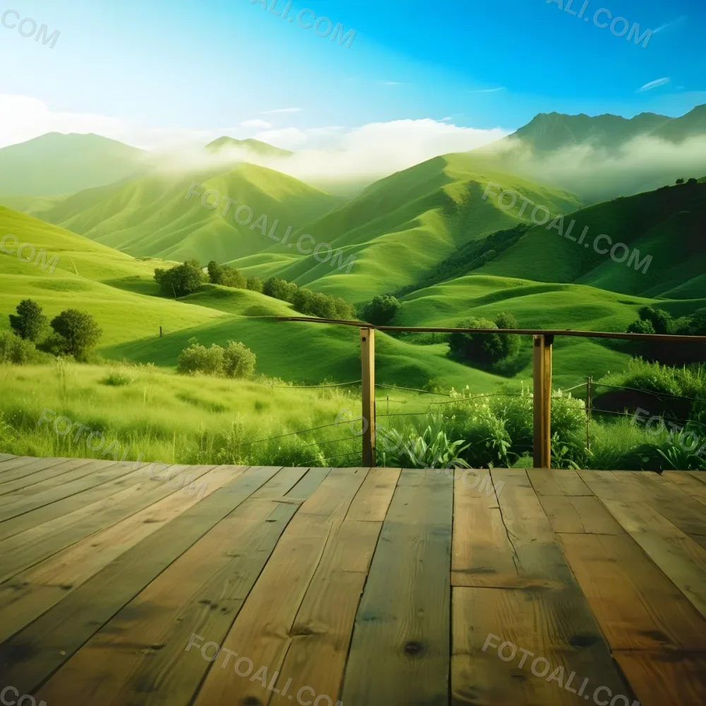 A Lush Green Landscape With Rolling Hills And Mountains In The Background With A Wooden Deck In The Foreground 26 Cafe
