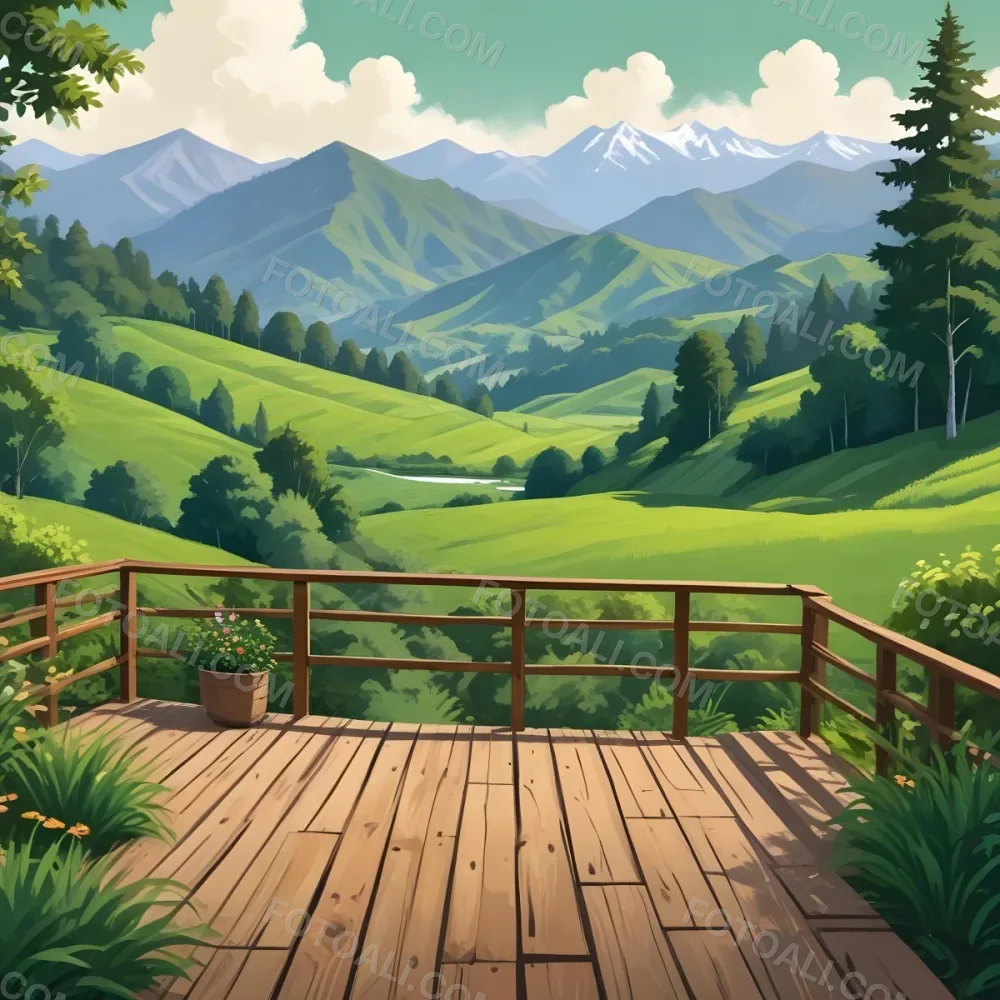 A Lush Green Landscape With Rolling Hills And Mountains In The Background With A Wooden Deck In The Foreground 3 E1b5