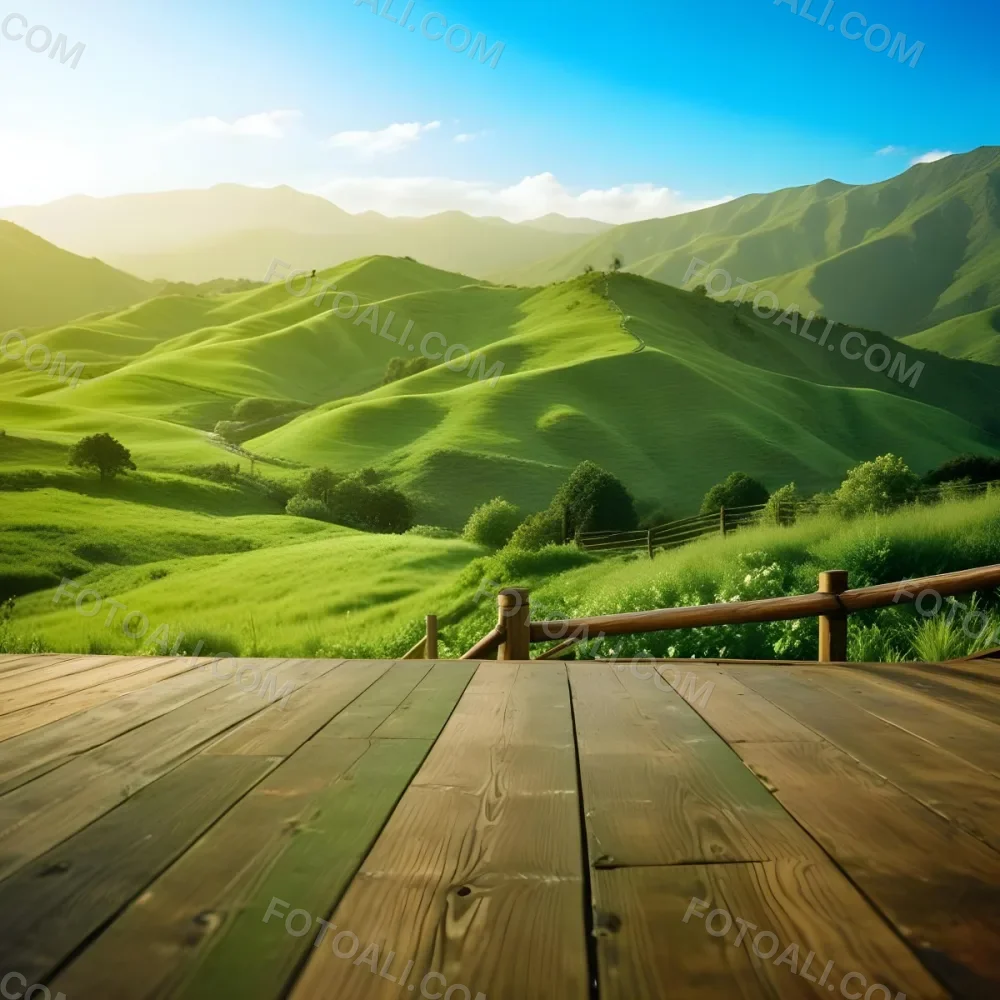A Lush Green Landscape With Rolling Hills And Mountains In The Background With A Wooden Deck In The Foreground 31 1d51