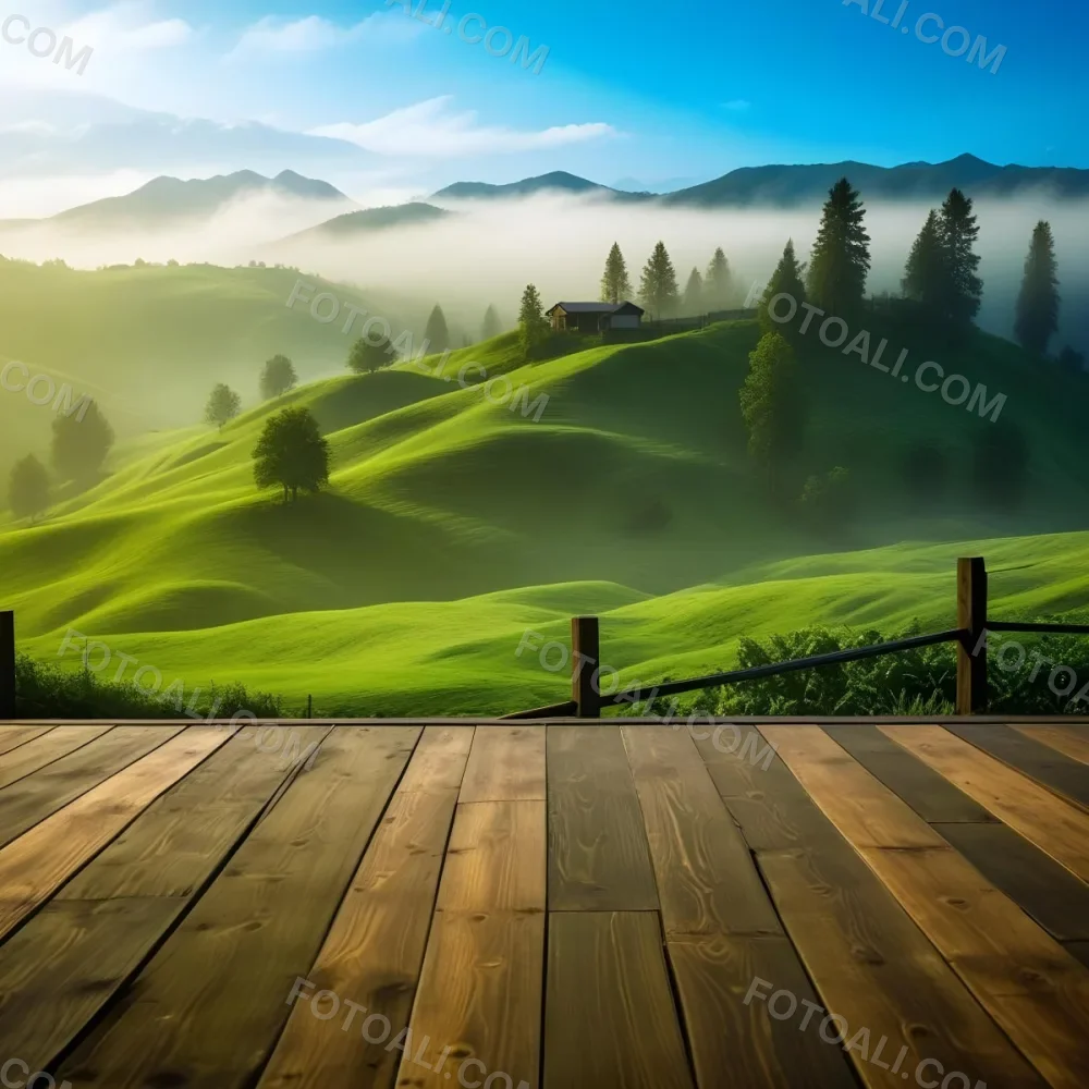 A Lush Green Landscape With Rolling Hills And Mountains In The Background With A Wooden Deck In The Foreground 35 Ee01