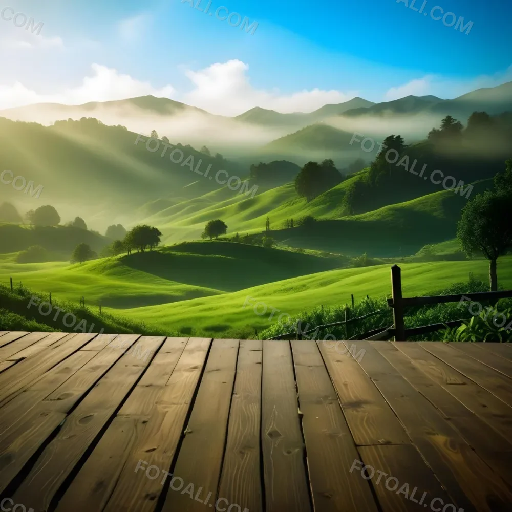 A Lush Green Landscape With Rolling Hills And Mountains In The Background With A Wooden Deck In The Foreground 40 C4b3