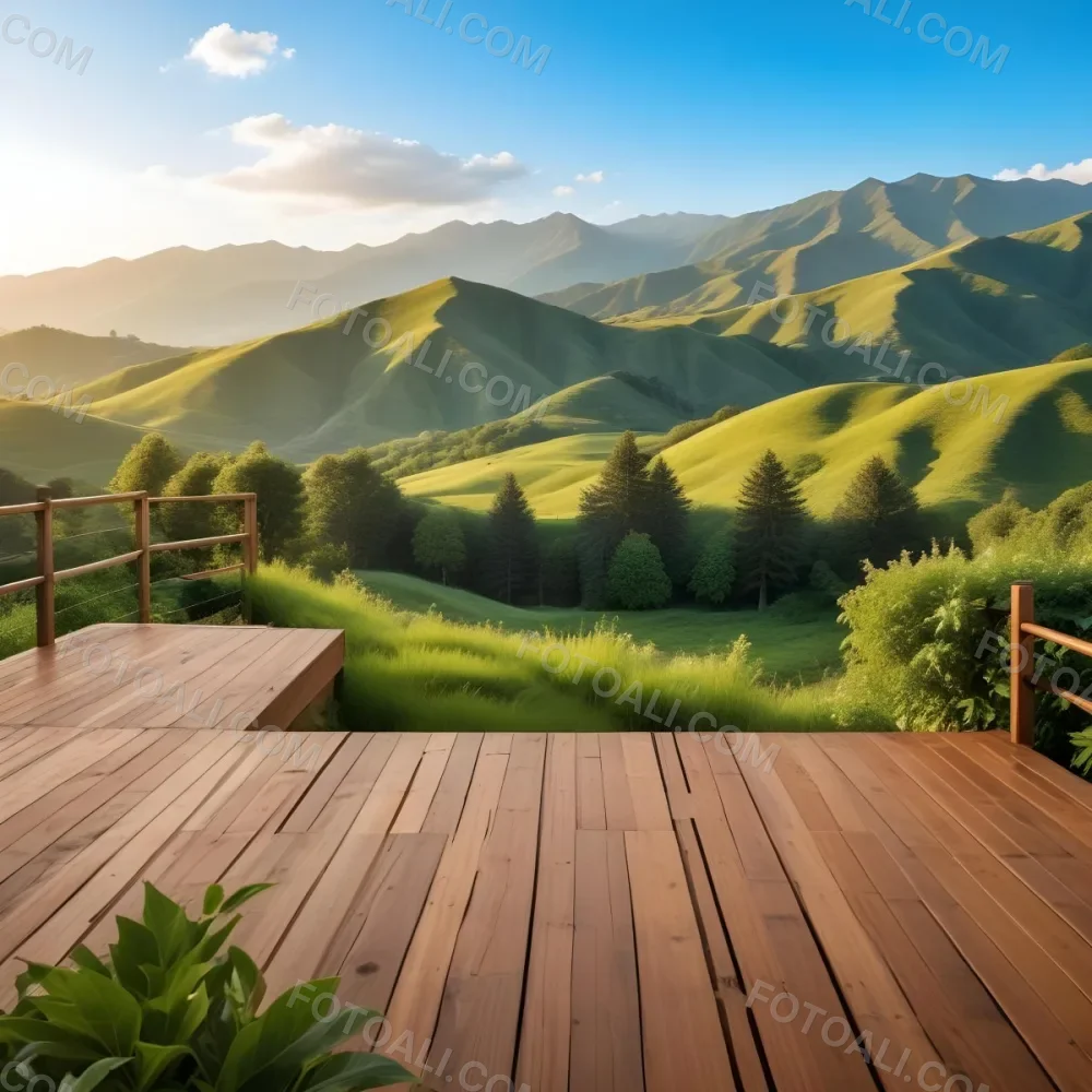 A Lush Green Landscape With Rolling Hills And Mountains In The Background With A Wooden Deck In The Foreground 62 F268