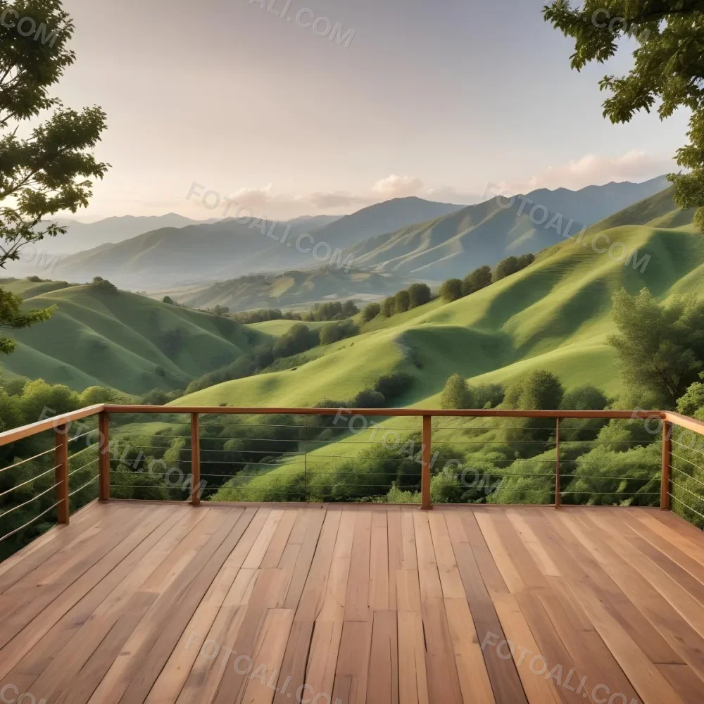 A Lush Green Landscape With Rolling Hills And Mountains In The Background With A Wooden Deck In The Foreground 63 2009