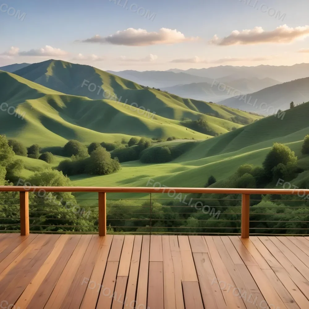 A Lush Green Landscape With Rolling Hills And Mountains In The Background With A Wooden Deck In The Foreground 64 F7d0