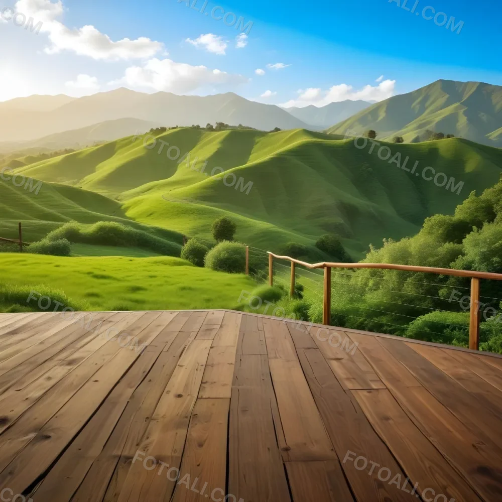 A Lush Green Landscape With Rolling Hills And Mountains In The Background With A Wooden Deck In The Foreground 65 Dddc