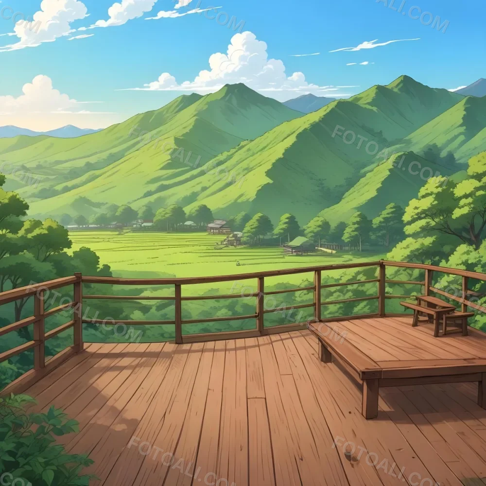 A Lush Green Landscape With Rolling Hills And Mountains In The Background With A Wooden Deck In The Foreground 66 A91d