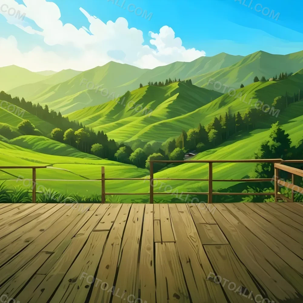 A Lush Green Landscape With Rolling Hills And Mountains In The Background With A Wooden Deck In The Foreground 67 C24c