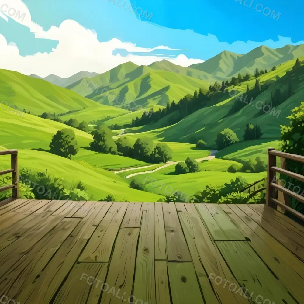 A Lush Green Landscape With Rolling Hills And Mountains In The Background With A Wooden Deck In The Foreground 68 Ceea