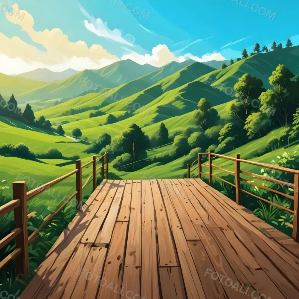 A Lush Green Landscape With Rolling Hills And Mountains In The Background With A Wooden Deck In The Foreground 69 C114