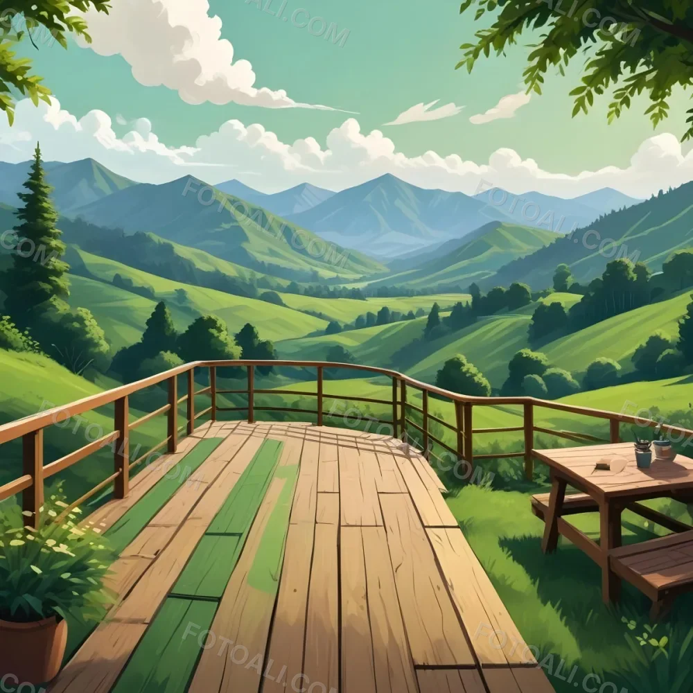A Lush Green Landscape With Rolling Hills And Mountains In The Background With A Wooden Deck In The Foreground 7 97a5