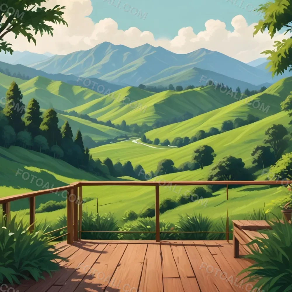 A Lush Green Landscape With Rolling Hills And Mountains In The Background With A Wooden Deck In The Foreground 70 F9a4