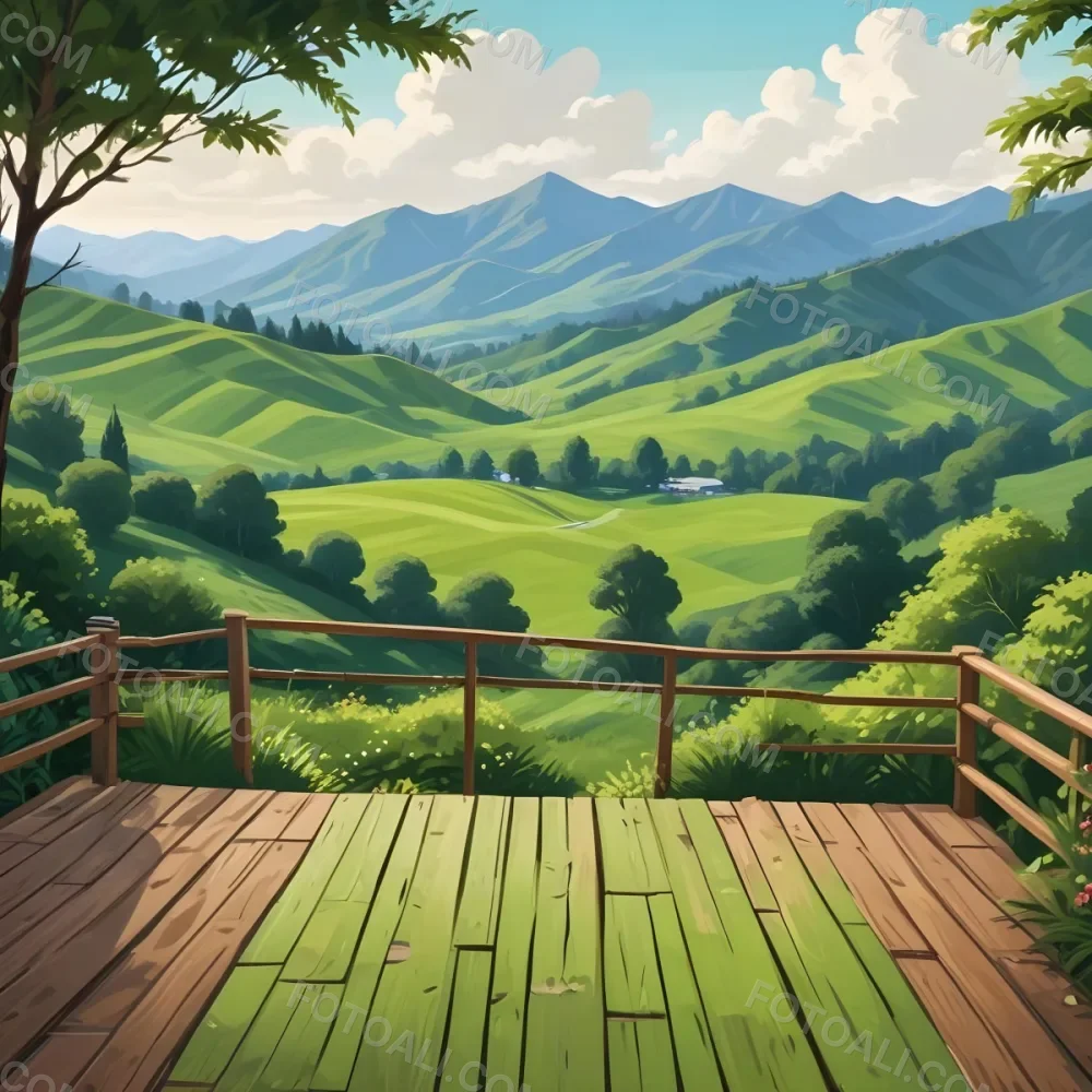 A Lush Green Landscape With Rolling Hills And Mountains In The Background With A Wooden Deck In The Foreground 72 F515
