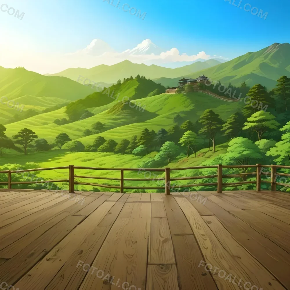 A Lush Green Landscape With Rolling Hills And Mountains In The Background With A Wooden Deck In The Foreground 8 044a