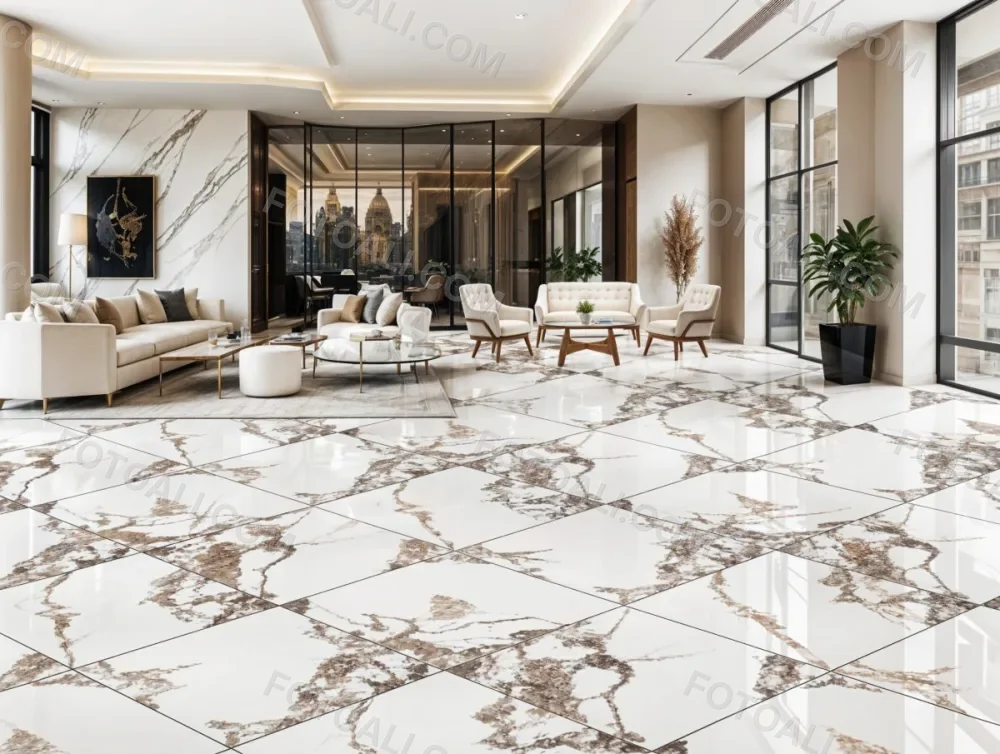 A Luxurious And Spacious Living Room With A Large Marble Floor High Ceilings And Floor To Ceiling Windows The Room Features A Plush White Sofa Armchairs And A Wooden Coffee Table The Decor In 1 354f