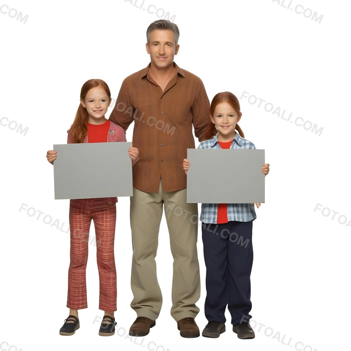A Man And Two Children Are Standing Together Each Holding A Blank Gray Sign The Man Is Caucasian In His 30s With Short Gray Hair Wearing A Blue Shirt And Red Pants The Girl Around 8 Years Old Has Long Red Hair 15 5f7d