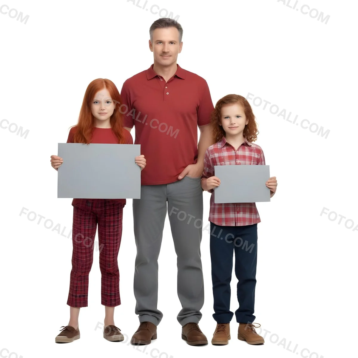 A Man And Two Children Are Standing Together Each Holding A Blank Gray Sign The Man Is Caucasian In His 30s With Short Gray Hair Wearing A Blue Shirt And Red Pants The Girl Around 8 Years Old Has Long Red Hair 17 9d34