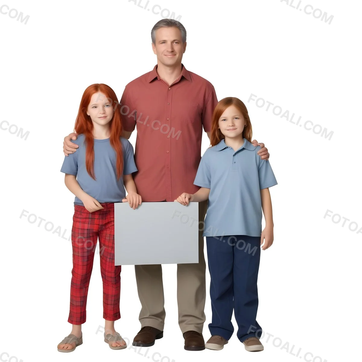A Man And Two Children Are Standing Together Each Holding A Blank Gray Sign The Man Is Caucasian In His 30s With Short Gray Hair Wearing A Blue Shirt And Red Pants The Girl Around 8 Years Old Has Long Red Hair 21 1c87