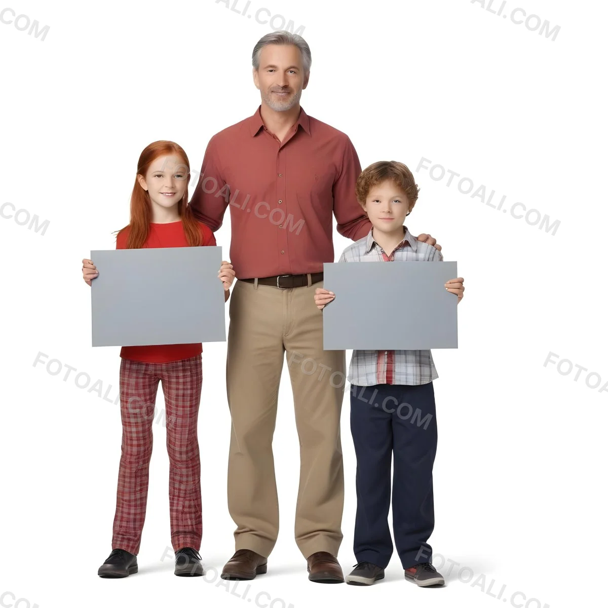 A Man And Two Children Are Standing Together Each Holding A Blank Gray Sign The Man Is Caucasian In His 30s With Short Gray Hair Wearing A Blue Shirt And Red Pants The Girl Around 8 Years Old Has Long Red Hair 25 7597