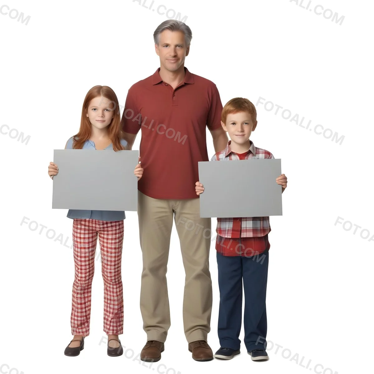 A Man And Two Children Are Standing Together Each Holding A Blank Gray Sign The Man Is Caucasian In His 30s With Short Gray Hair Wearing A Blue Shirt And Red Pants The Girl Around 8 Years Old Has Long Red Hair 28 D2ff