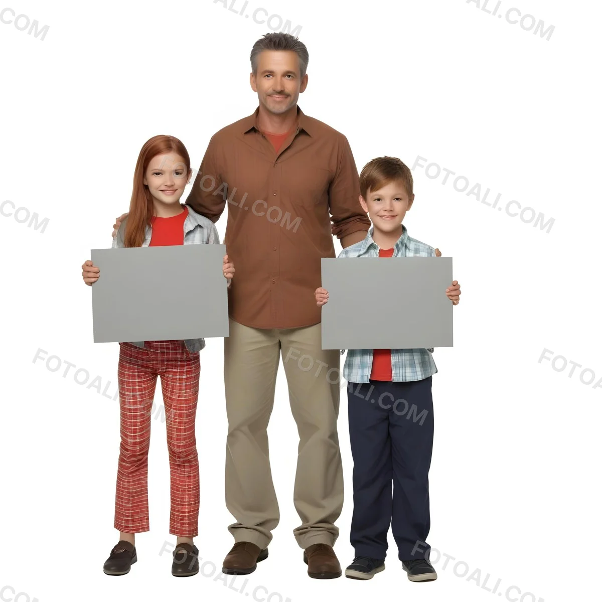 A Man And Two Children Are Standing Together Each Holding A Blank Gray Sign The Man Is Caucasian In His 30s With Short Gray Hair Wearing A Blue Shirt And Red Pants The Girl Around 8 Years Old Has Long Red Hair 3 B310