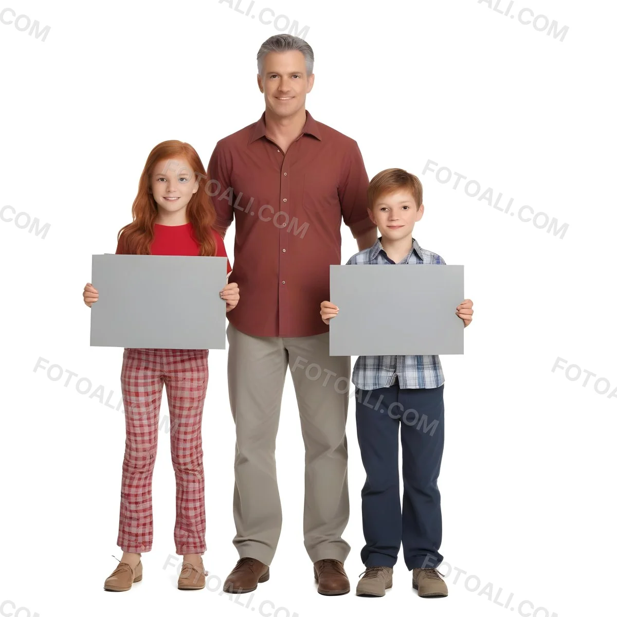A Man And Two Children Are Standing Together Each Holding A Blank Gray Sign The Man Is Caucasian In His 30s With Short Gray Hair Wearing A Blue Shirt And Red Pants The Girl Around 8 Years Old Has Long Red Hair 32 857c