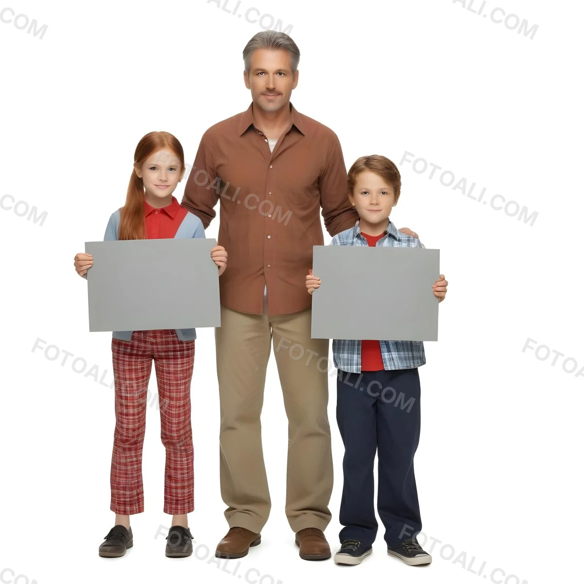 A Man And Two Children Are Standing Together Each Holding A Blank Gray Sign The Man Is Caucasian In His 30s With Short Gray Hair Wearing A Blue Shirt And Red Pants The Girl Around 8 Years Old Has Long Red Hair 33 5613