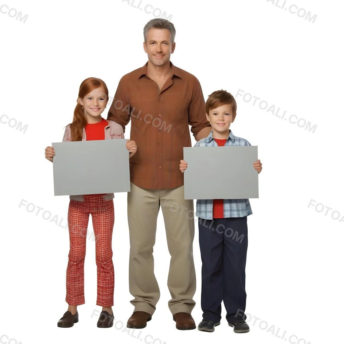 A Man And Two Children Are Standing Together Each Holding A Blank Gray Sign The Man Is Caucasian In His 30s With Short Gray Hair Wearing A Blue Shirt And Red Pants The Girl Around 8 Years Old Has Long Red Hair 5 0fb8