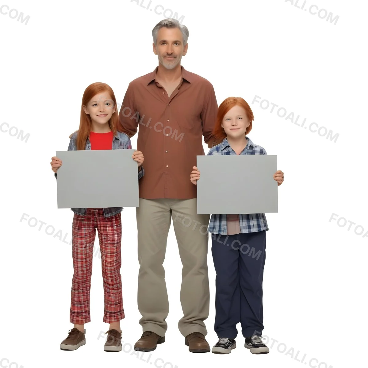 A Man And Two Children Are Standing Together Each Holding A Blank Gray Sign The Man Is Caucasian In His 30s With Short Gray Hair Wearing A Blue Shirt And Red Pants The Girl Around 8 Years Old Has Long Red Hair 9 9fc0
